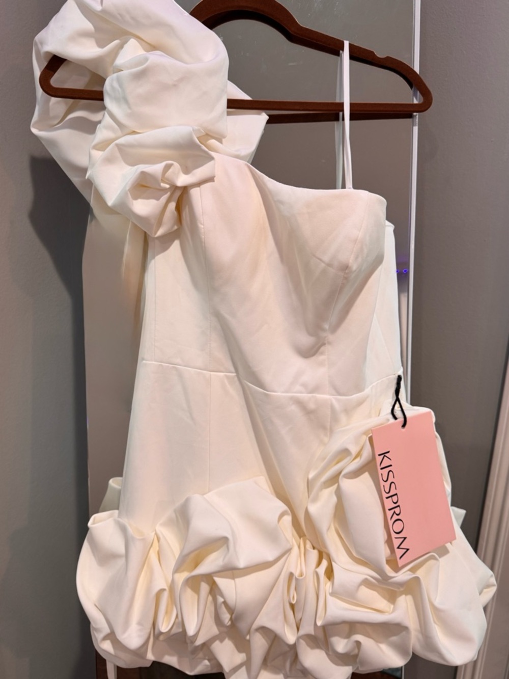 Kissprom One-Shoulder Cream Ruffle Mini Dress. Perfect for graduation or Hoco